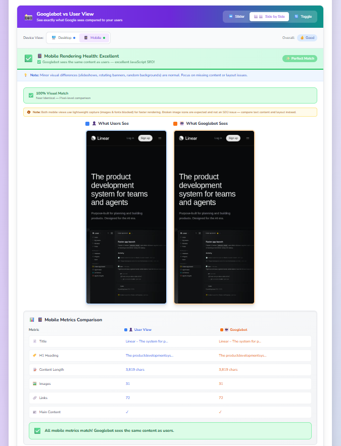 Linear.app mobile comparison showing 100% visual match between user view and Googlebot view