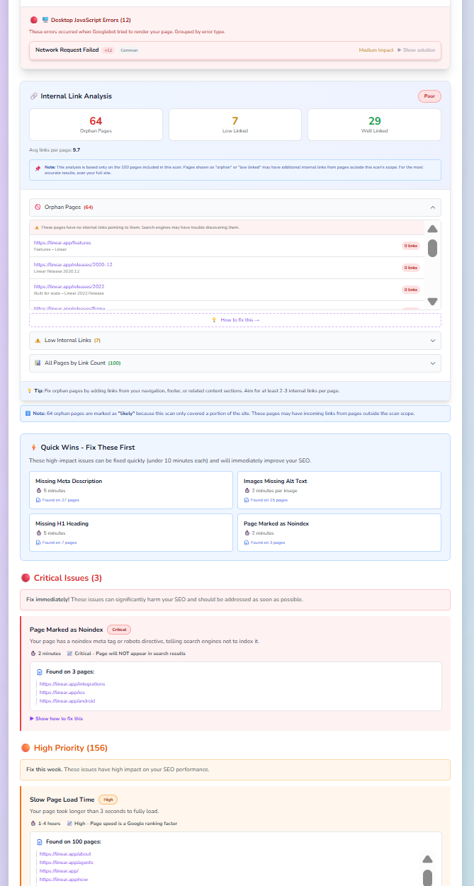 Linear.app SEO issues panel showing 156 high-priority issues, 64 orphan pages, 12 JavaScript errors, and 3 critical issues